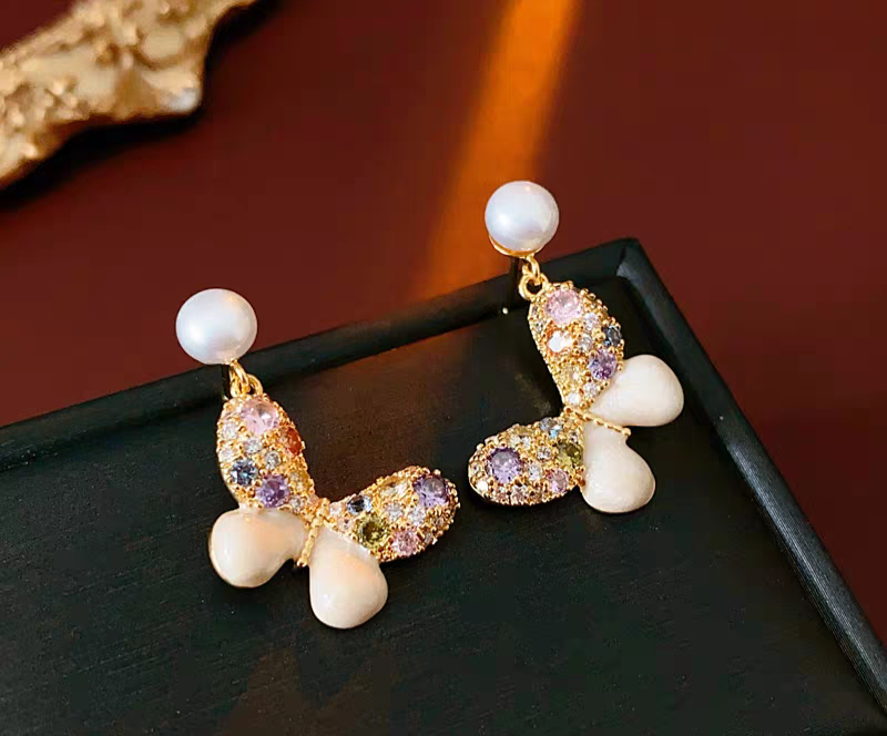 Multi Color Pearl Butterfly Earrings