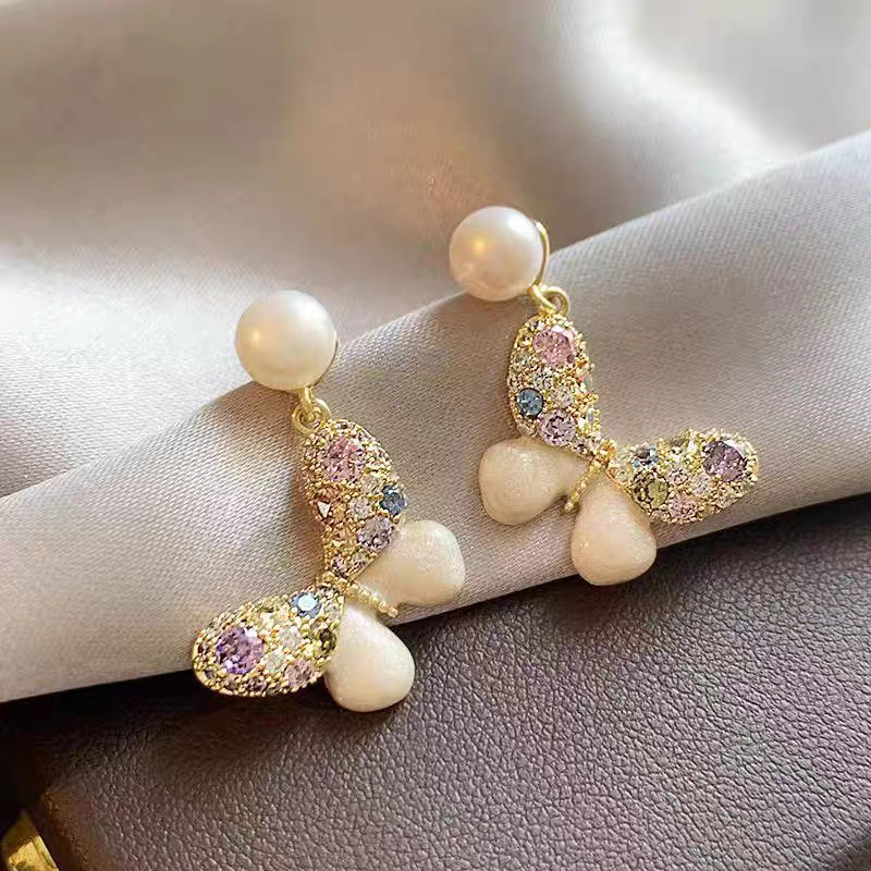 Multi Color Pearl Butterfly Earrings