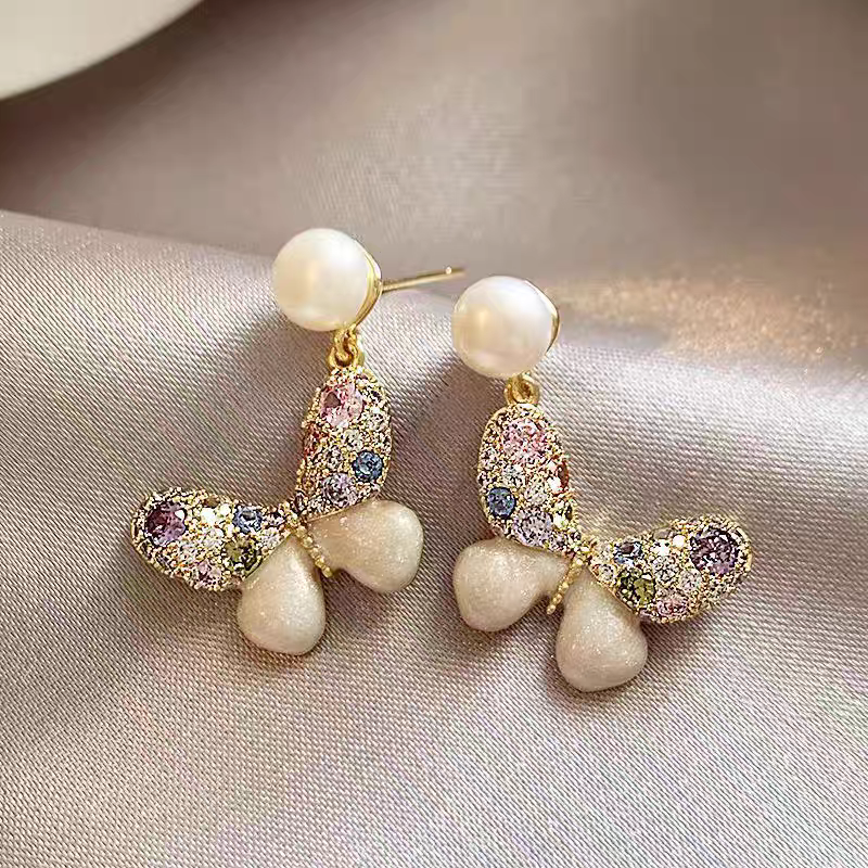 Multi Color Pearl Butterfly Earrings