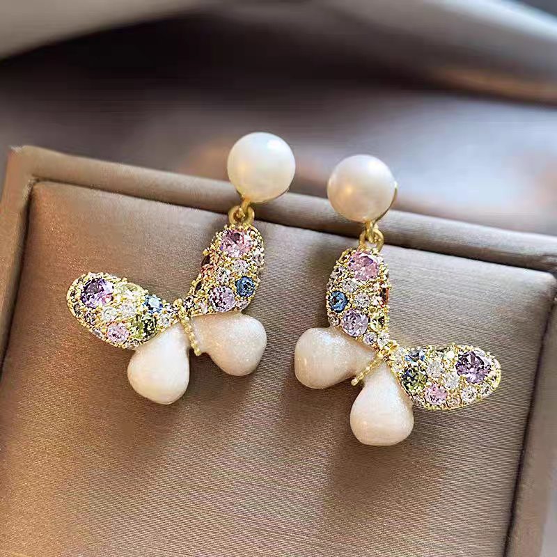 Multi Color Pearl Butterfly Earrings
