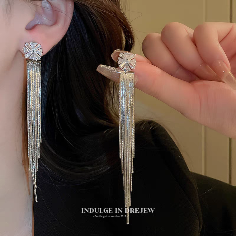 Silver Crystals Hanging Strips Earrings