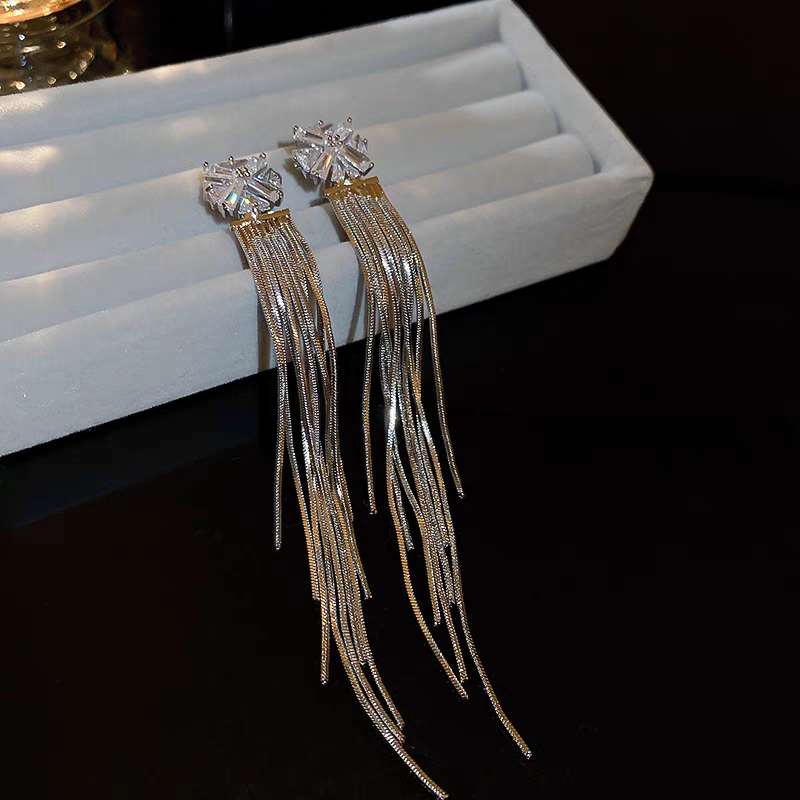 Silver Crystals Hanging Strips Earrings