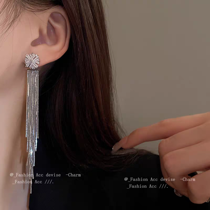Silver Crystals Hanging Strips Earrings