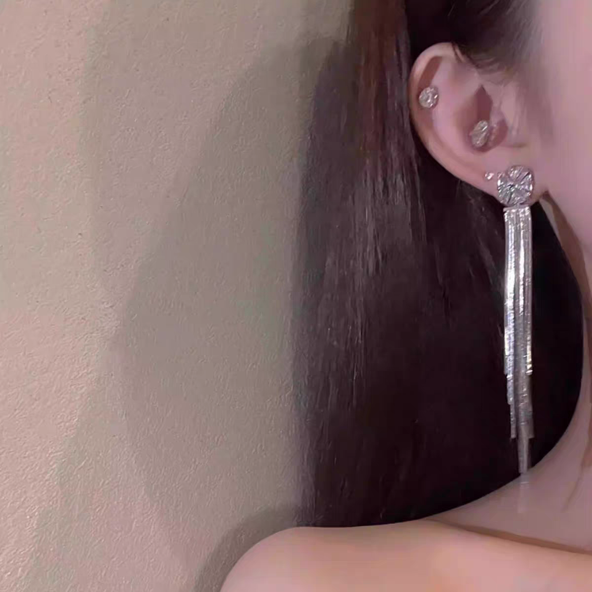 Silver Crystals Hanging Strips Earrings